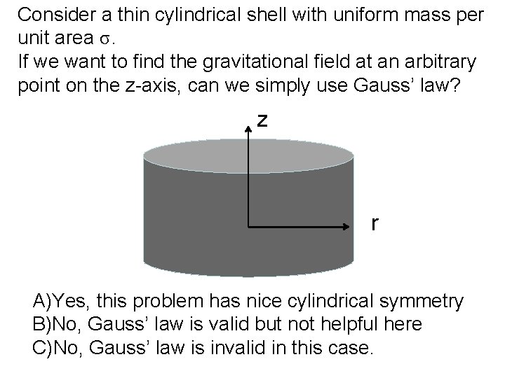 Consider a thin cylindrical shell with uniform mass per unit area σ. If we