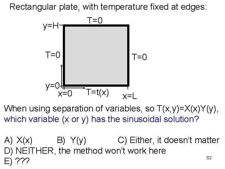 Rectangular plate, with temperature fixed at edges: y=H T=0 y=0 x=0 T=t(x) x=L When
