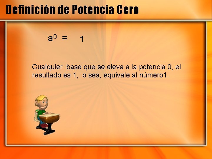 Definición de Potencia Cero a 0 = 1 Cualquier base que se eleva a