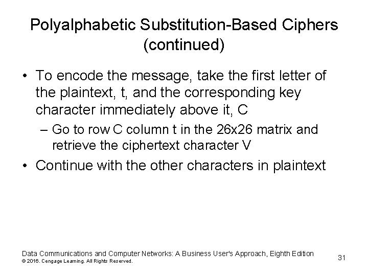 Polyalphabetic Substitution-Based Ciphers (continued) • To encode the message, take the first letter of Polyalphabetic Substitution-Based Ciphers (continued) • To encode the message, take the first letter of