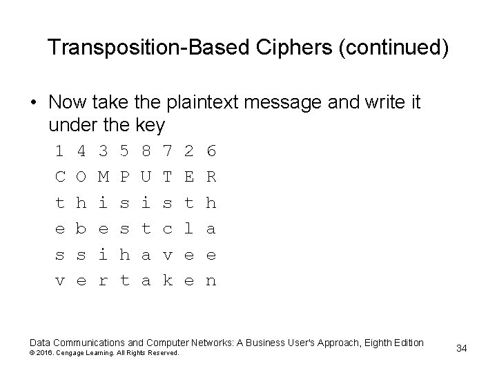 Transposition-Based Ciphers (continued) • Now take the plaintext message and write it under the Transposition-Based Ciphers (continued) • Now take the plaintext message and write it under the