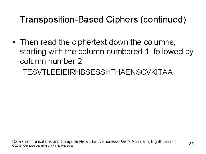 Transposition-Based Ciphers (continued) • Then read the ciphertext down the columns, starting with the Transposition-Based Ciphers (continued) • Then read the ciphertext down the columns, starting with the