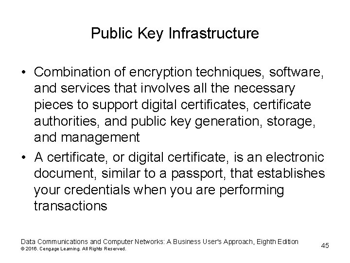 Public Key Infrastructure • Combination of encryption techniques, software, and services that involves all Public Key Infrastructure • Combination of encryption techniques, software, and services that involves all