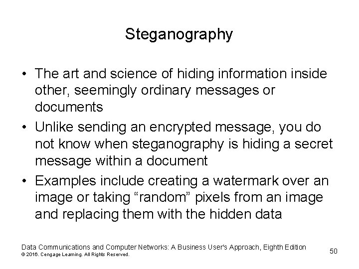 Steganography • The art and science of hiding information inside other, seemingly ordinary messages Steganography • The art and science of hiding information inside other, seemingly ordinary messages