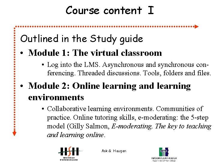 Course content I Outlined in the Study guide • Module 1: The virtual classroom