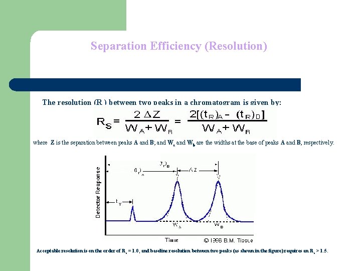 Separation Efficiency (Resolution) The resolution (Rs) between two peaks in a chromatogram is given