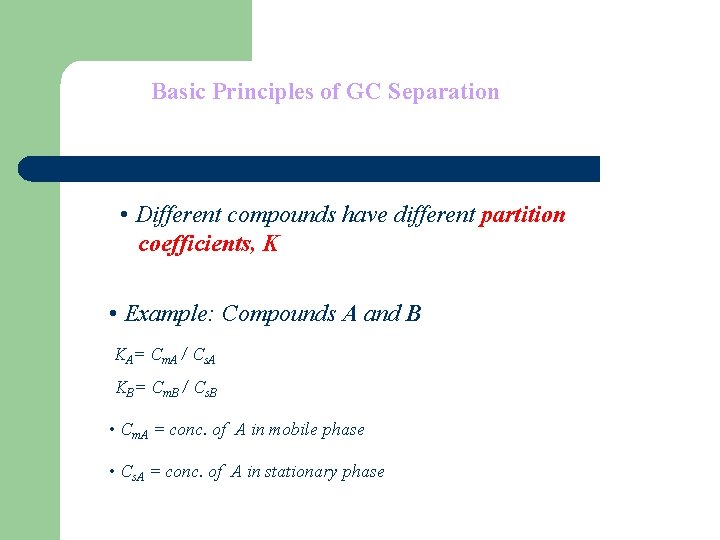 Basic Principles of GC Separation • Different compounds have different partition coefficients, K •