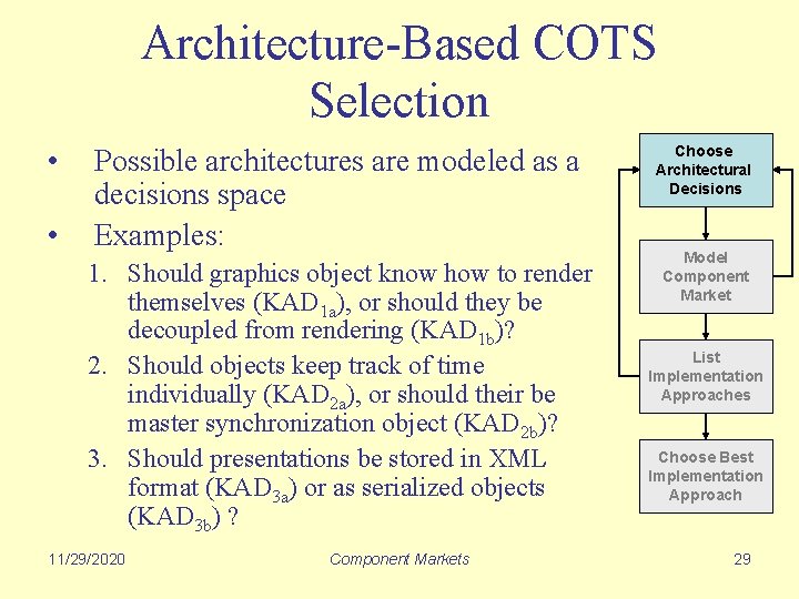 Architecture-Based COTS Selection • • Possible architectures are modeled as a decisions space Examples: