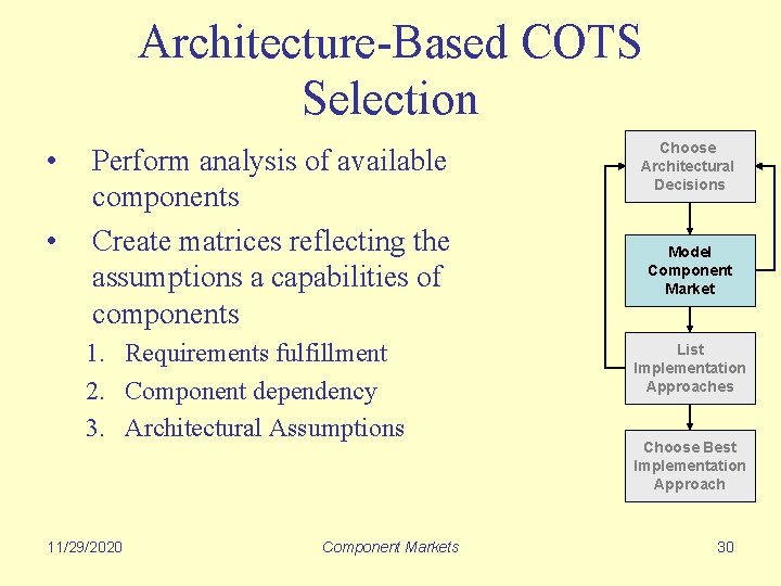 Architecture-Based COTS Selection • • Perform analysis of available components Create matrices reflecting the