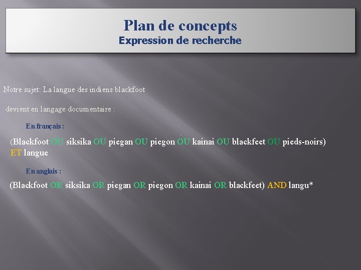 Plan de concepts Expression de recherche Notre sujet: La langue des indiens blackfoot devient