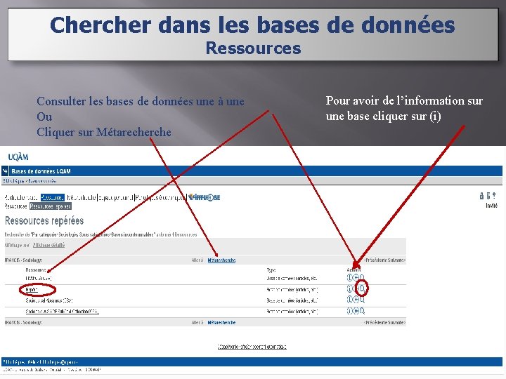 Chercher dans les bases de données Ressources Consulter les bases de données une à