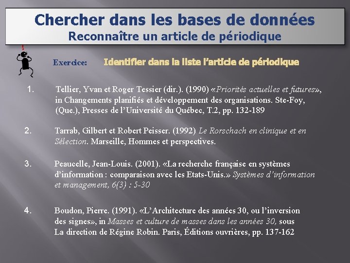 Chercher dans les bases de données Reconnaître un article de périodique Exercice: 1. Identifier