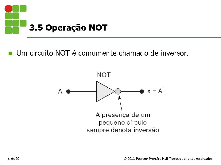 3. 5 Operação NOT n Um circuito NOT é comumente chamado de inversor. slide