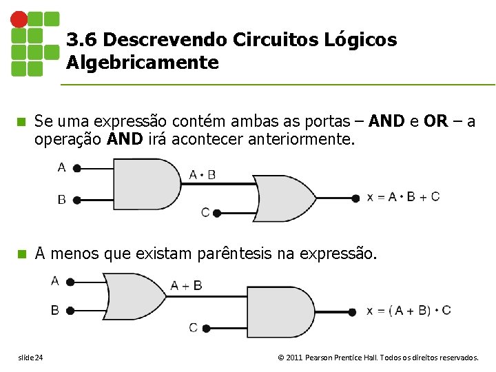 3. 6 Descrevendo Circuitos Lógicos Algebricamente n Se uma expressão contém ambas as portas