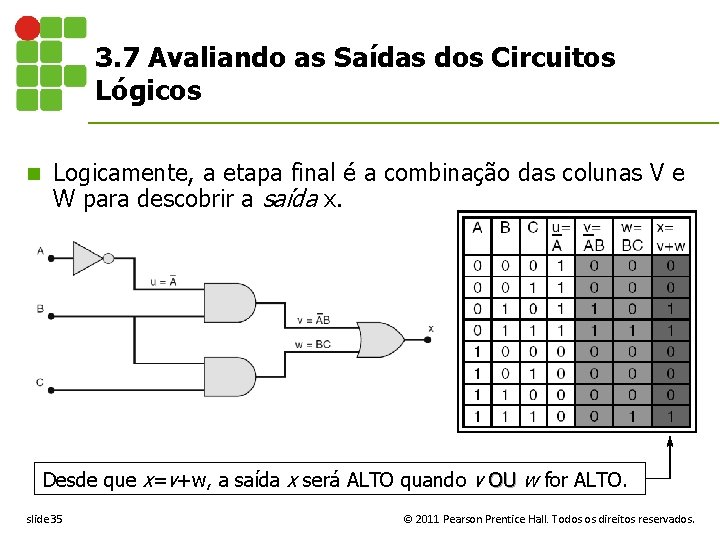 3. 7 Avaliando as Saídas dos Circuitos Lógicos n Logicamente, a etapa final é