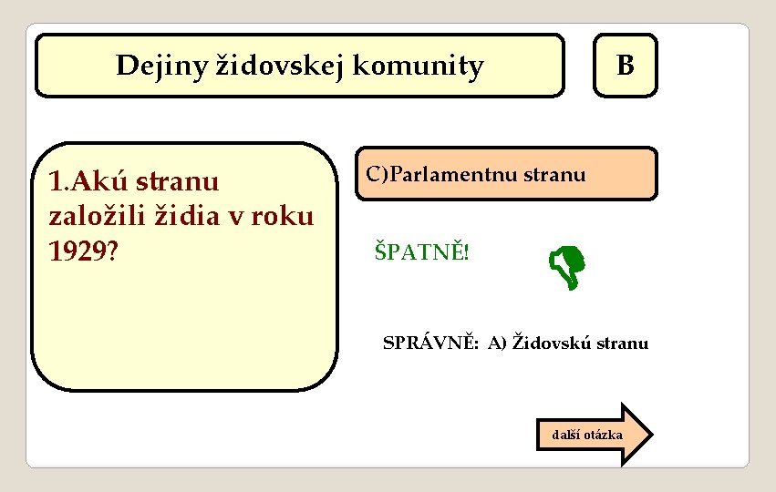 Dejiny židovskej komunity 1. Akú stranu založili židia v roku 1929? B C)Parlamentnu stranu