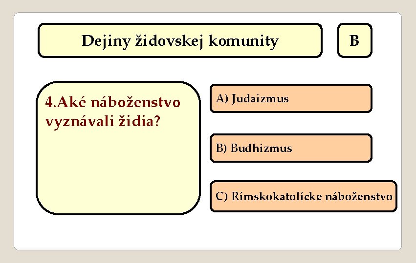 Dejiny židovskej komunity 4. Aké náboženstvo vyznávali židia? B A) Judaizmus B) Budhizmus C)