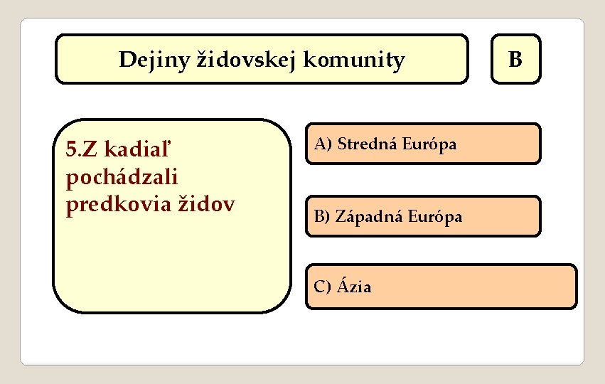 Dejiny židovskej komunity 5. Z kadiaľ pochádzali predkovia židov A) Stredná Európa B) Západná