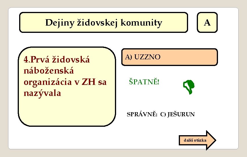 Dejiny židovskej komunity 4. Prvá židovská náboženská organizácia v ZH sa nazývala A A)