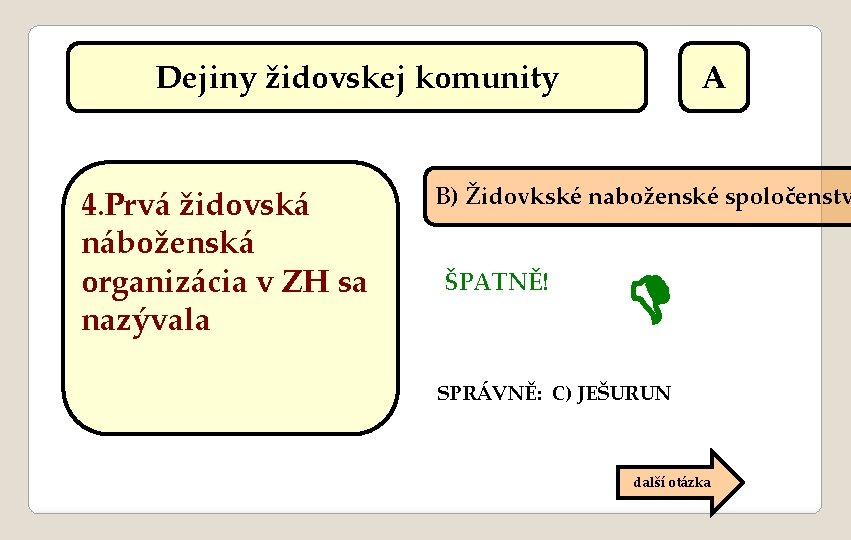 Dejiny židovskej komunity 4. Prvá židovská náboženská organizácia v ZH sa nazývala A B)