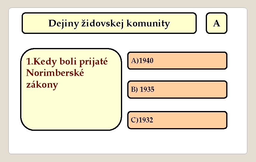 Dejiny židovskej komunity 1. Kedy boli prijaté Norimberské zákony A)1940 B) 1935 C)1932 A