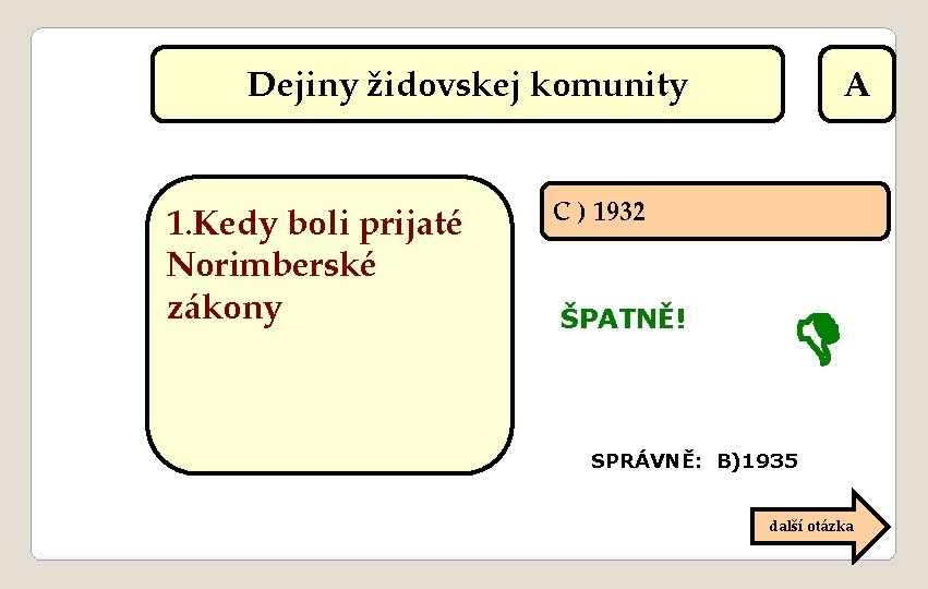 Dejiny židovskej komunity 1. Kedy boli prijaté Norimberské zákony A C ) 1932 ŠPATNĚ!