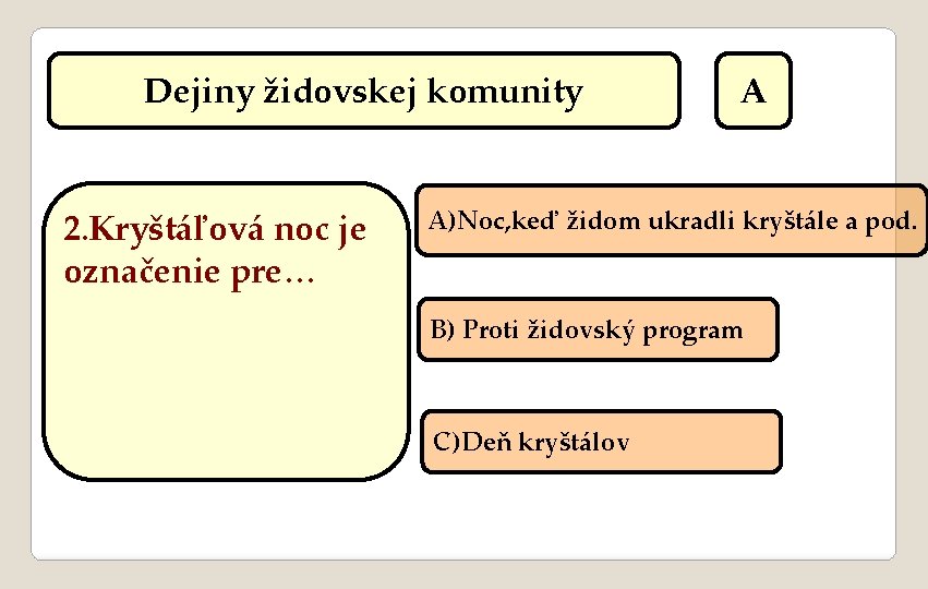 Dejiny židovskej komunity 2. Kryštáľová noc je označenie pre… A A)Noc, keď židom ukradli