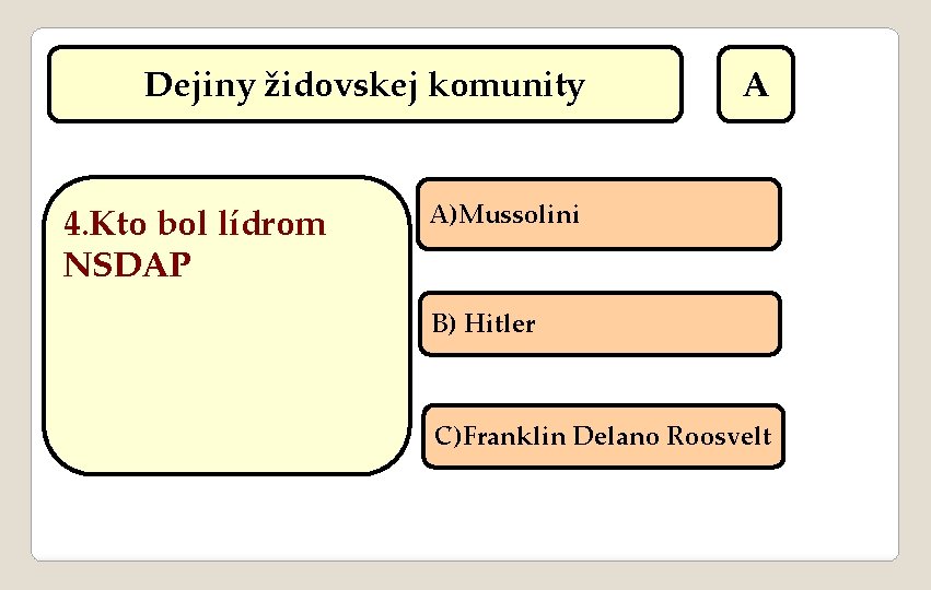 Dejiny židovskej komunity 4. Kto bol lídrom NSDAP A A)Mussolini B) Hitler C)Franklin Delano