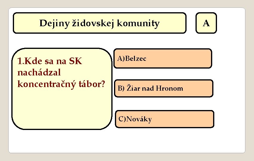 Dejiny židovskej komunity 1. Kde sa na SK nachádzal koncentračný tábor? A)Belzec B) Žiar