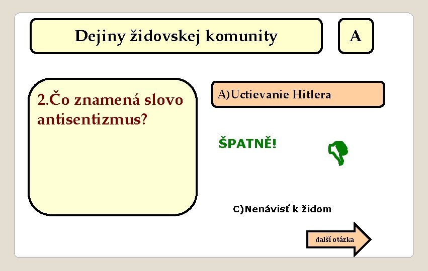 Dejiny židovskej komunity 2. Čo znamená slovo antisentizmus? A A)Uctievanie Hitlera ŠPATNĚ! C)Nenávisť k