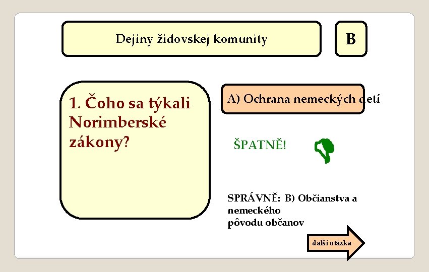 B Dejiny židovskej komunity 1. Čoho sa týkali Norimberské zákony? A) Ochrana nemeckých detí