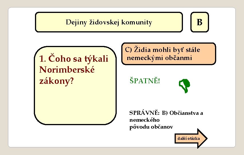 B Dejiny židovskej komunity 1. Čoho sa týkali Norimberské zákony? C) Židia mohli byť