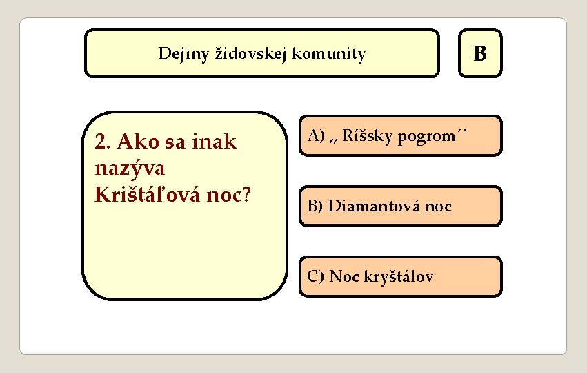 Dejiny židovskej komunity 2. Ako sa inak nazýva Krištáľová noc? A) , , Ríšsky