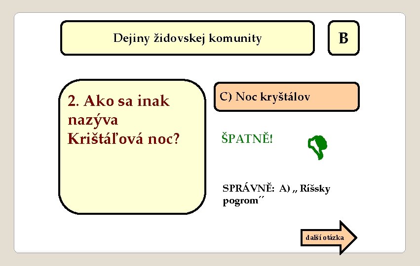 B Dejiny židovskej komunity 2. Ako sa inak nazýva Krištáľová noc? C) Noc kryštálov