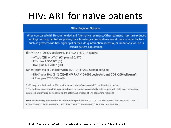 HIV: ART for naïve patients 1. https: //aidsinfo. nih. gov/guidelines/html/1/adult-and-adolescent-arv-guidelines/11/what-to-start 
