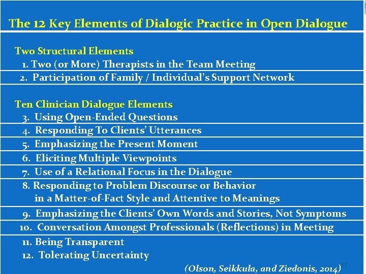  The 12 Key Elements of Dialogic Practice in Open Dialogue Two Structural Elements