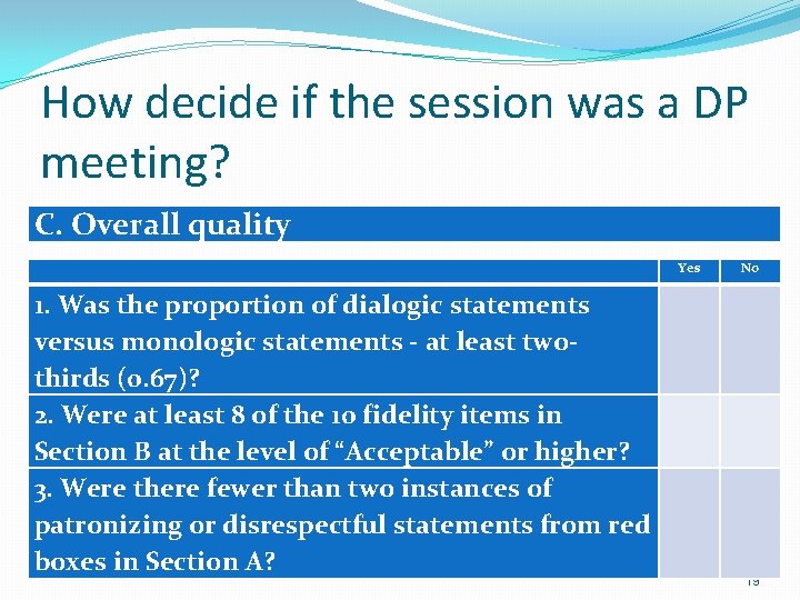 How decide if the session was a DP meeting? C. Overall quality Yes 1.