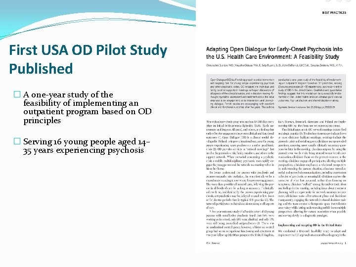 First USA OD Pilot Study Published � A one-year study of the feasibility of