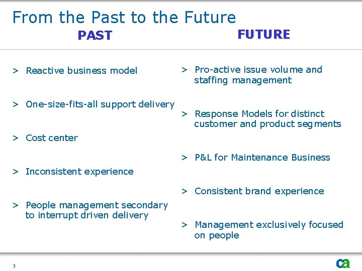 From the Past to the Future PAST > Reactive business model > One-size-fits-all support