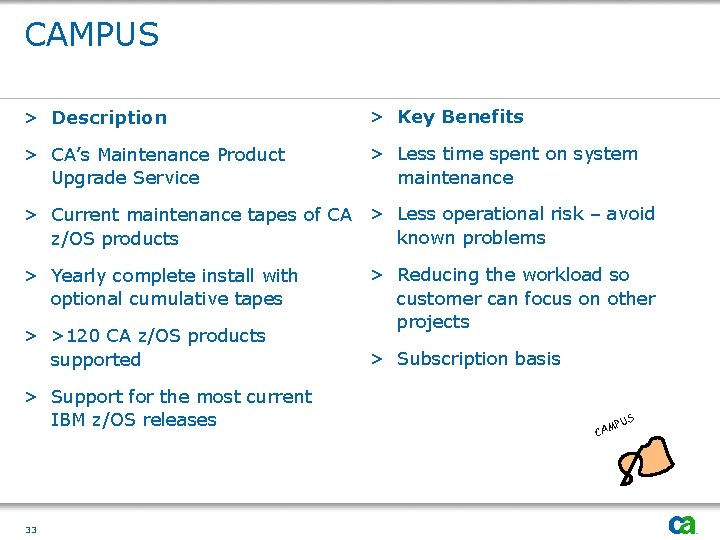 CAMPUS > Description > Key Benefits > CA’s Maintenance Product Upgrade Service > Less