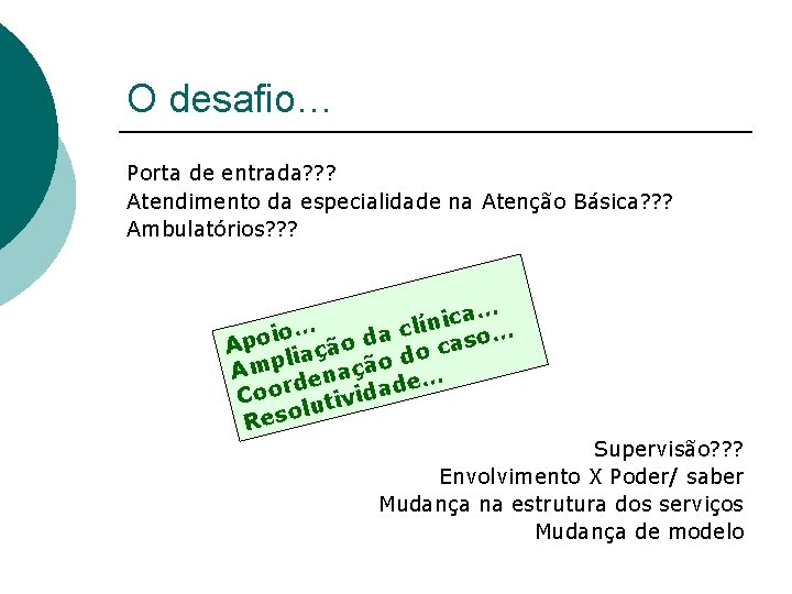 O desafio… Porta de entrada? ? ? Atendimento da especialidade na Atenção Básica? ?