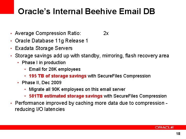 Oracle’s Internal Beehive Email DB • Average Compression Ratio: 2 x • Oracle Database