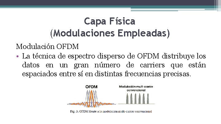 Capa Física (Modulaciones Empleadas) Modulación OFDM • La técnica de espectro disperso de OFDM