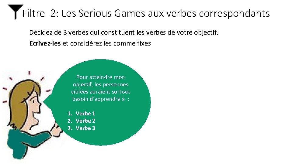 Filtre 2: Les Serious Games aux verbes correspondants Décidez de 3 verbes qui constituent