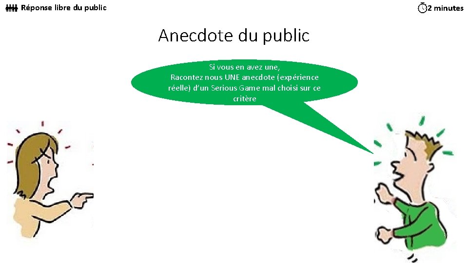 Réponse libre du public 2 minutes Anecdote du public Si vous en avez une,