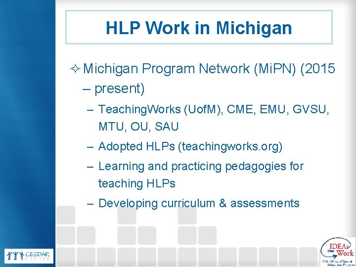 HLP Work in Michigan ² Michigan Program Network (Mi. PN) (2015 – present) –