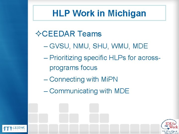 HLP Work in Michigan ²CEEDAR Teams – GVSU, NMU, SHU, WMU, MDE – Prioritizing