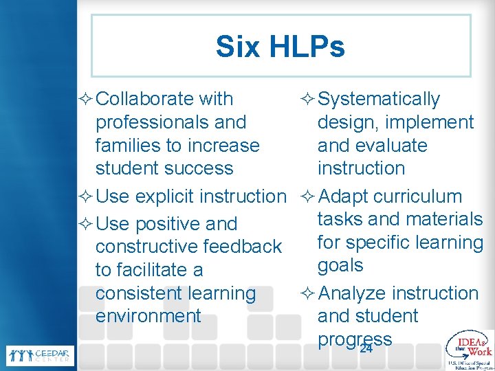 Six HLPs ² Collaborate with ² Systematically professionals and design, implement families to increase