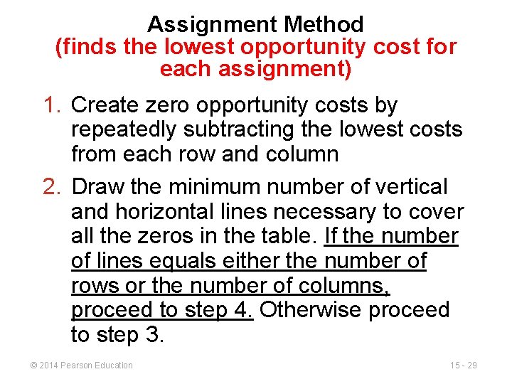 Assignment Method (finds the lowest opportunity cost for each assignment) 1. Create zero opportunity