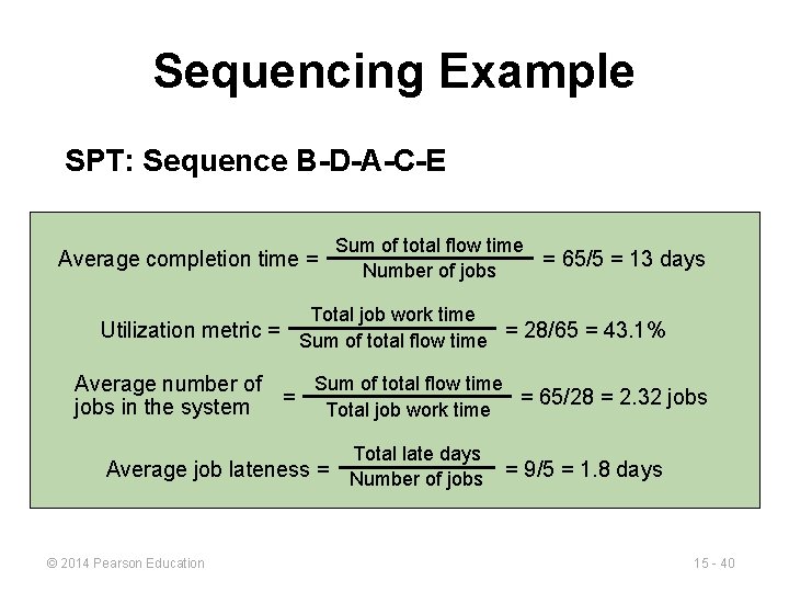 Sequencing Example SPT: Sequence B-D-A-C-E Average completion time = Sum of total flow time